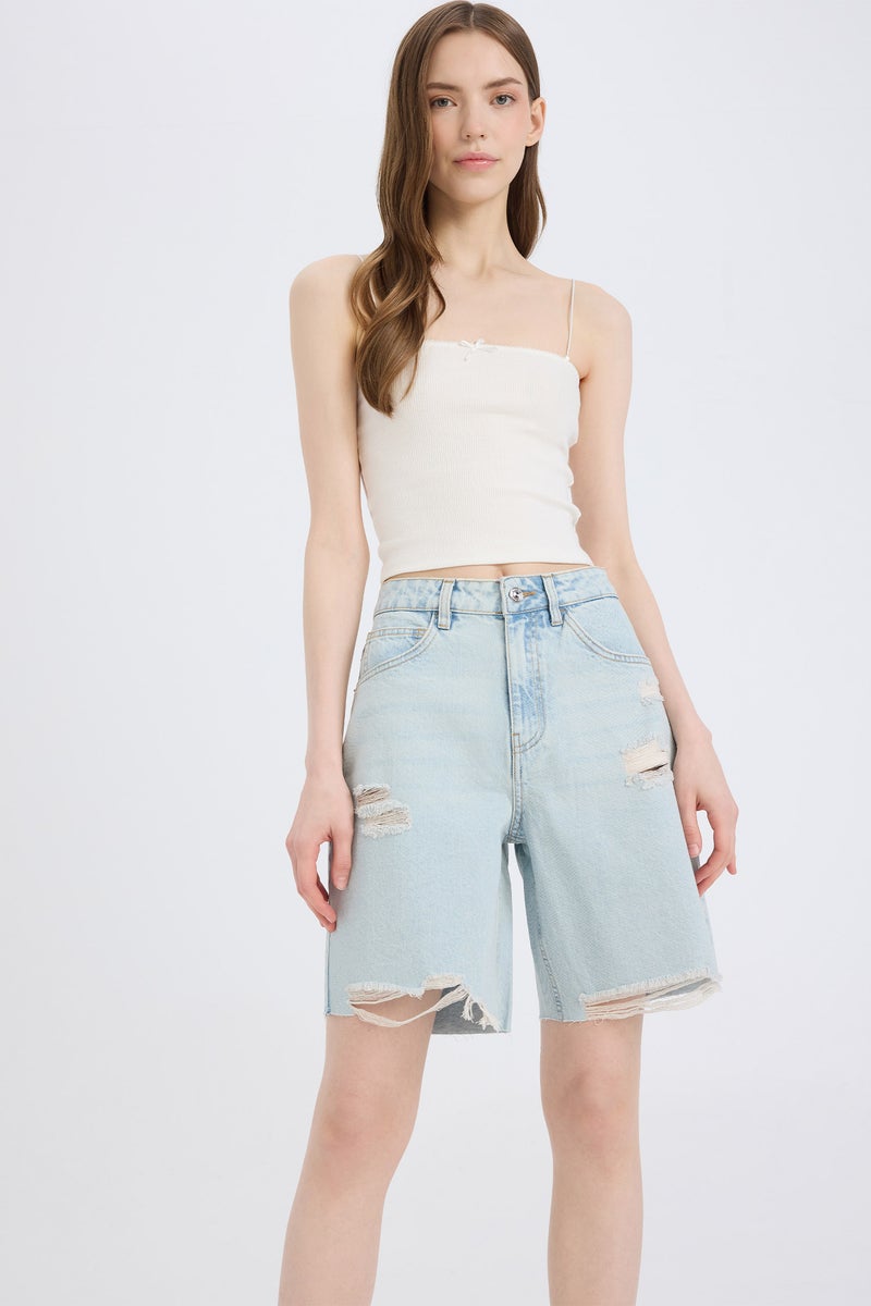 DeFacto Blue Woman Normal Waist Jean Bermuda Shorts Casual - Image 5